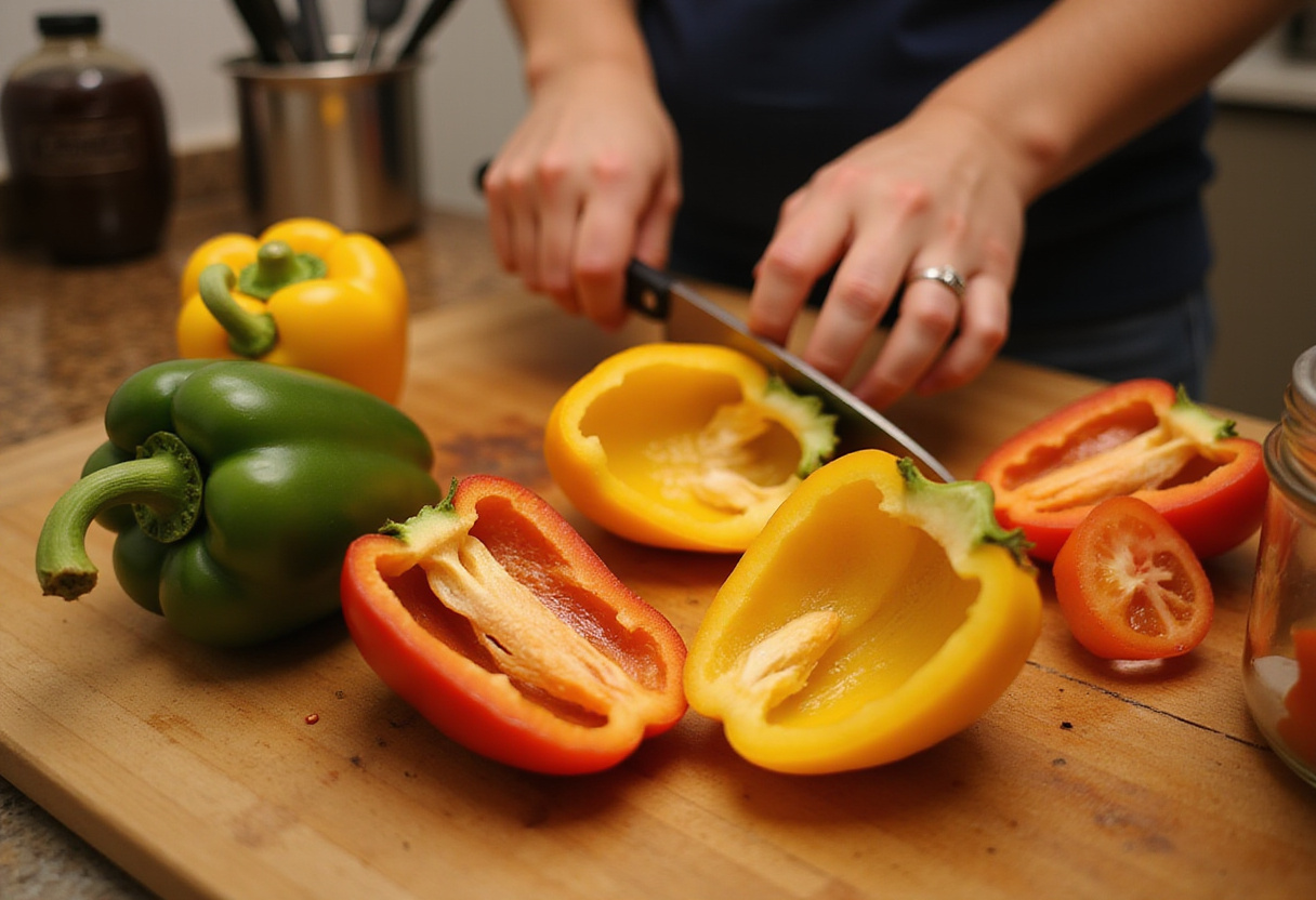 Preparation of easy stuffed bell peppers, showcasing colorful bell peppers being halved and seeded in a bright kitchen.