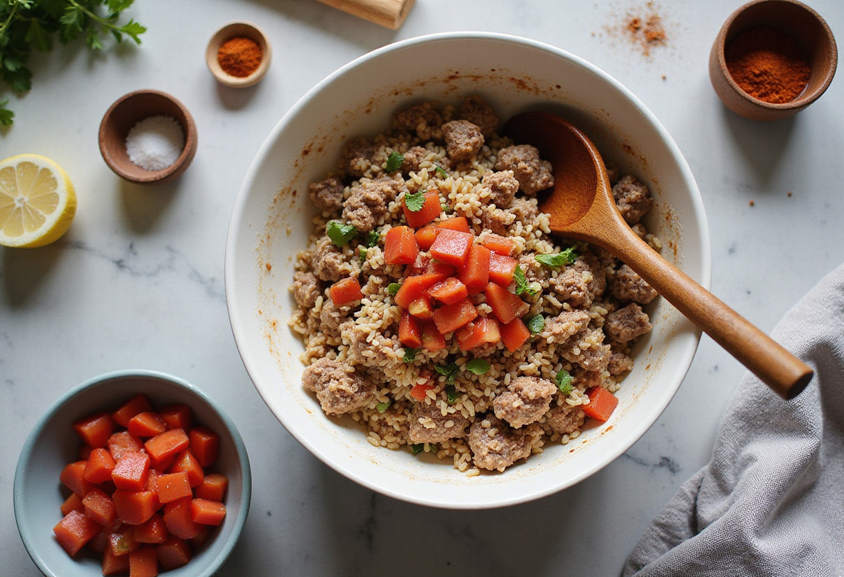 Mixing the stuffing for easy stuffed bell peppers, featuring a bowl of hearty rice and meat mixture on a countertop.