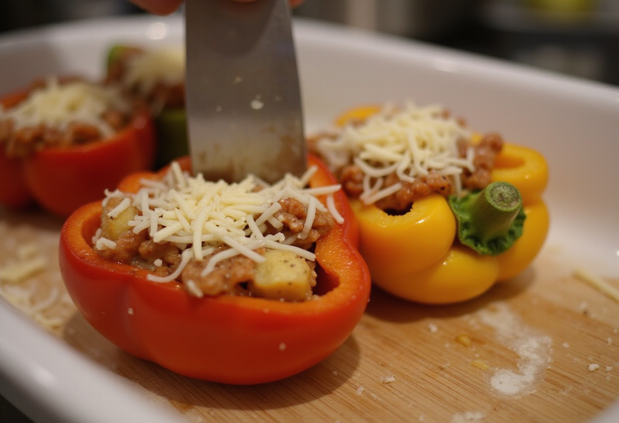 Filling bell pepper halves for easy stuffed bell peppers, highlighting the delicious and cheesy mixture ready for baking.