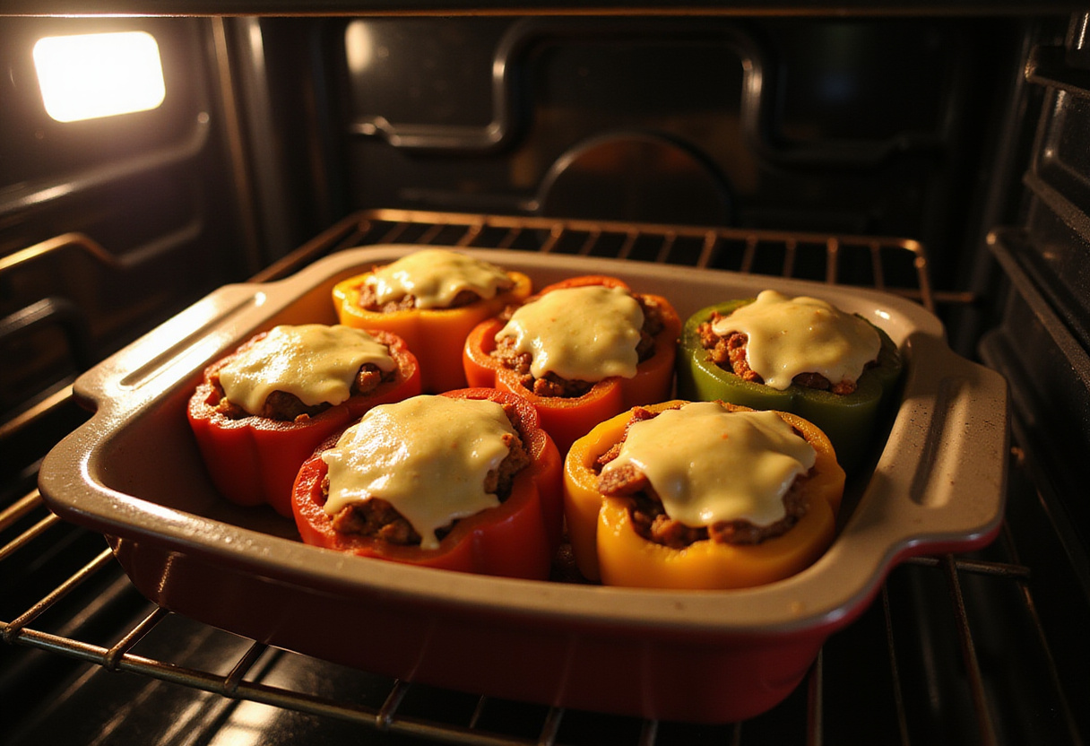 Stuffed bell peppers ready to be baked, showcasing vibrant colors and cheese on top in a preheated oven.