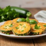 Delicious Easy Air Fryer Zucchini Parmesan served on a wooden table, healthy recipe, golden-brown perfection.
