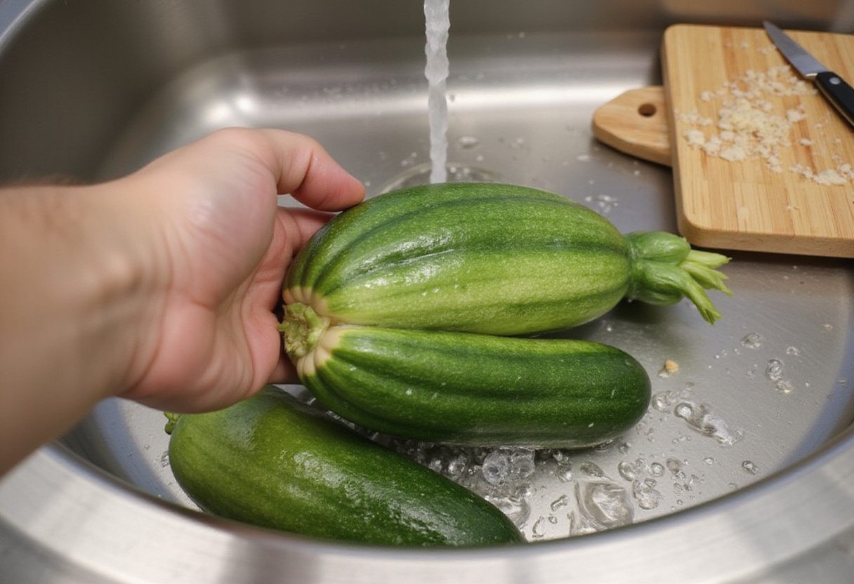 Fresh zucchini being washed, preparation for Easy Air Fryer Zucchini Parmesan, healthy cooking ingredients.