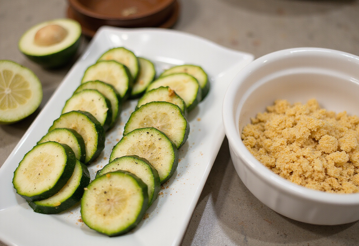 Zucchini slices seasoned with salt and pepper, preparing for Easy Air Fryer Zucchini Parmesan, healthy cooking techniques.