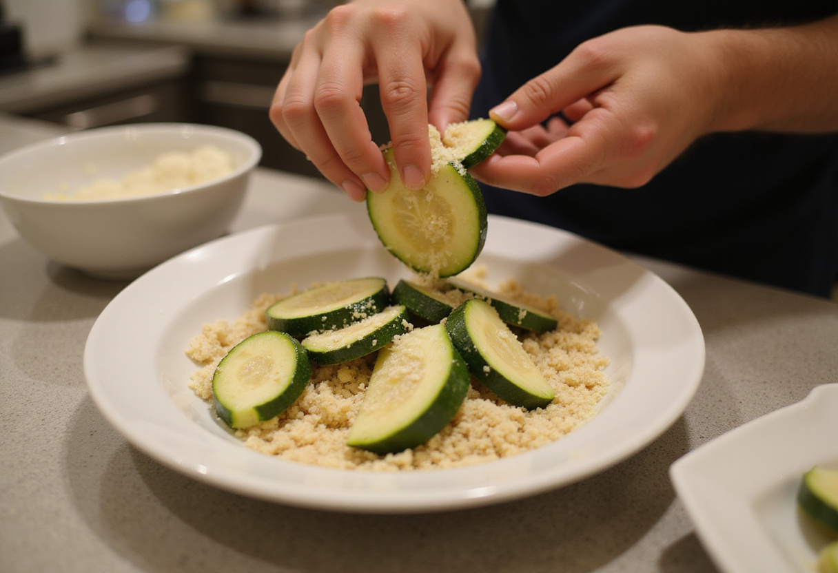 Coating zucchini slices with breadcrumbs and Parmesan cheese, step-by-step Easy Air Fryer Zucchini Parmesan recipe, cooking process.