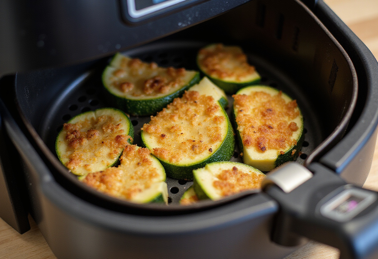 Zucchini parmesan slices in air fryer, preparing Easy Air Fryer Zucchini Parmesan, modern cooking appliances.