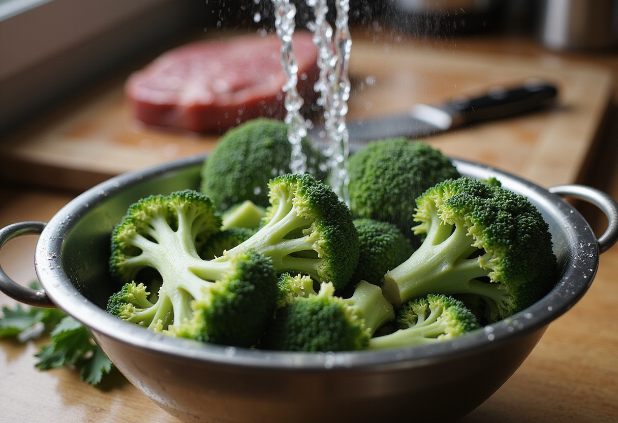 Fresh broccoli preparation in Easy Beef and Broccoli Recipe, rinsing vegetables for vibrant flavor.
