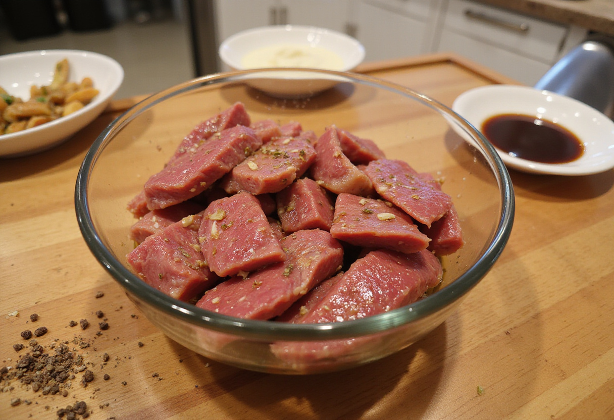 Marinated beef strips for Easy Beef and Broccoli Recipe, infused with flavor for a delicious meal.
