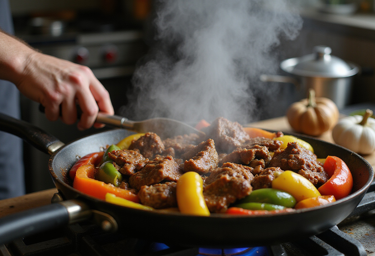 Cooking marinated beef for Easy Beef and Broccoli Recipe, achieving tender meat in a sizzling skillet.