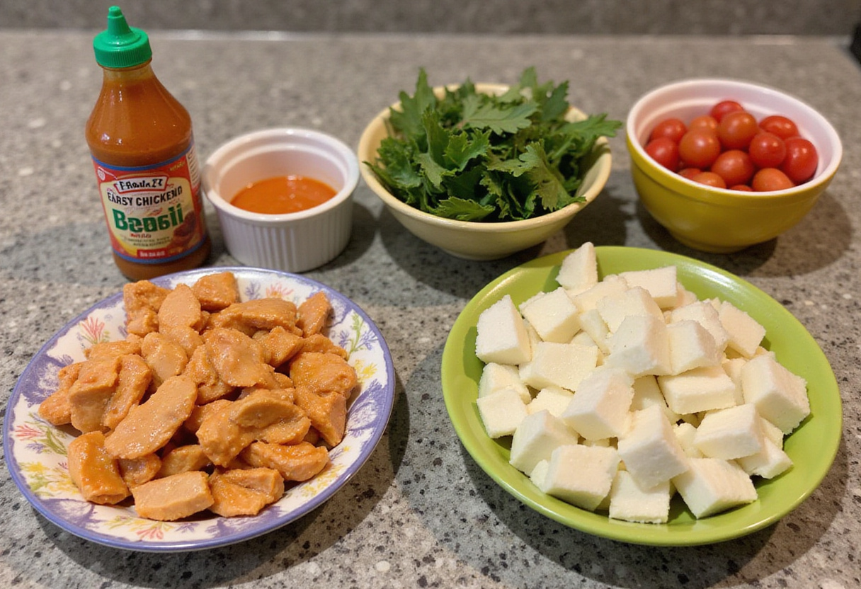 Prep ingredients for Easy Buffalo Chicken Bowls with diced chicken, buffalo sauce, and fresh vegetables on the kitchen counter.