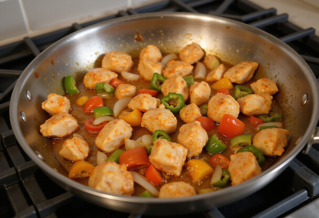 Cook diced chicken in buffalo sauce with fresh vegetables in a skillet while preparing Easy Buffalo Chicken Bowls.