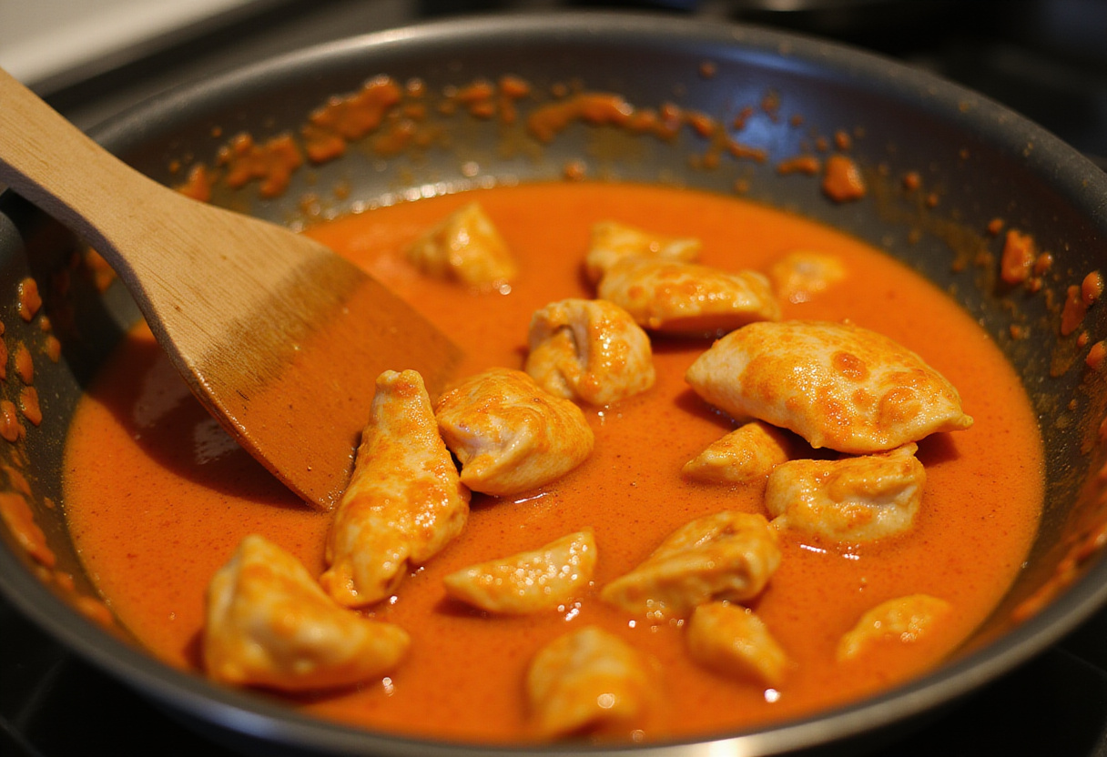 Buffalo chicken mixture simmering in a skillet, rich with flavors, ideal for Easy Buffalo Chicken Bowls.
