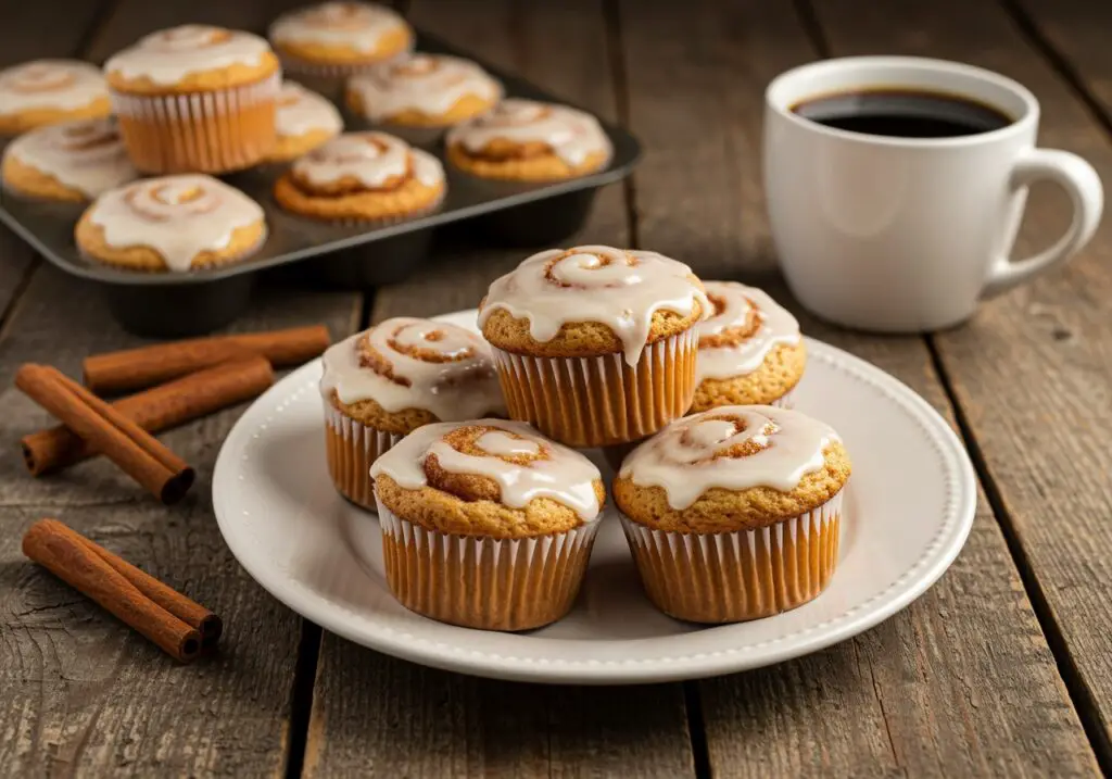 Final presentation of Easy Cinnamon Roll Muffins, showcasing their delicious look and inviting aroma with icing on top, perfect for breakfast or a snack.