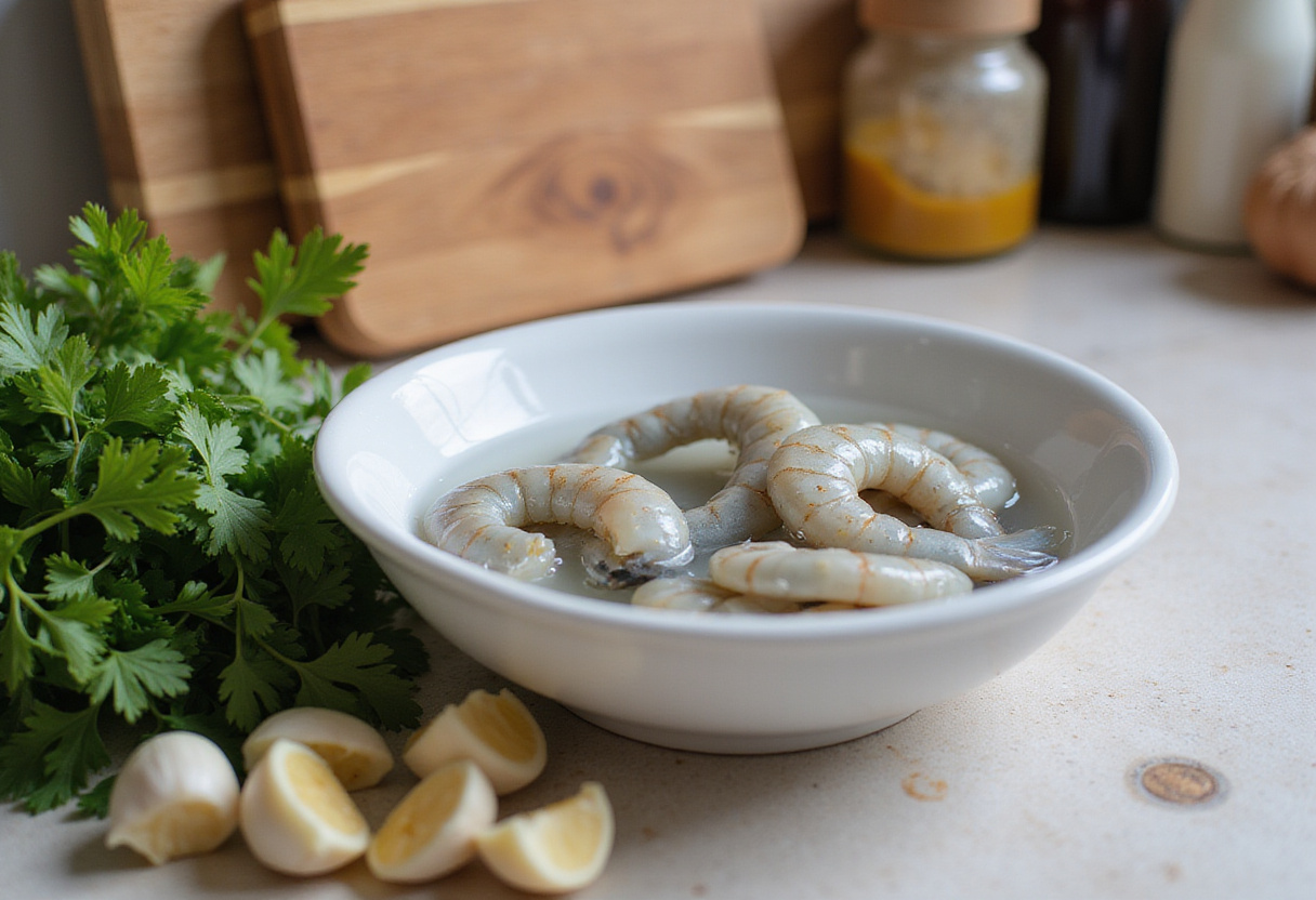 Fresh raw shrimp being cleaned, preparing ingredients for an easy creamy garlic shrimp recipe with garlic and parsley.