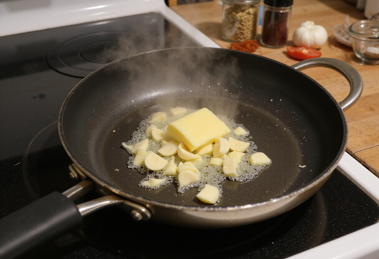Sizzling garlic in butter in a pan, the key step in creating an easy creamy garlic shrimp dish for delicious flavors.