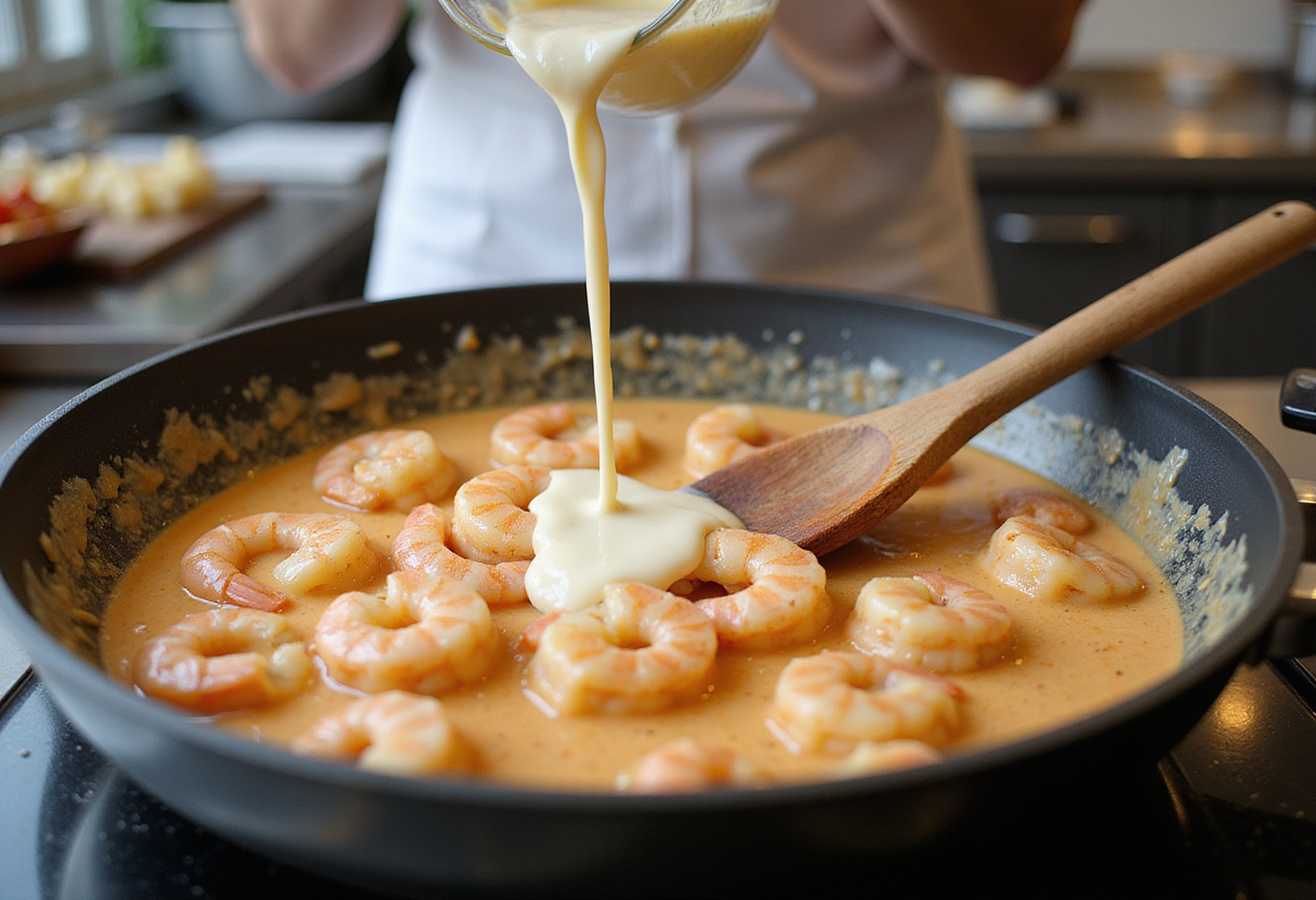 Cream being poured into shrimp in a pan, finalizing the creamy sauce for easy garlic shrimp, creating a rich and inviting meal.