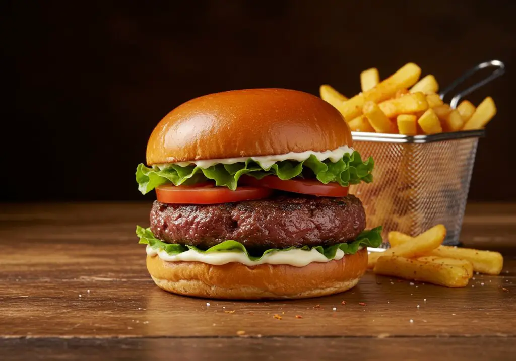 Perfectly assembled easy ground beef burger ready to enjoy, featuring juicy meat and fresh toppings on a rustic plate.