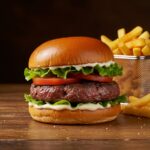 Perfectly assembled easy ground beef burger ready to enjoy, featuring juicy meat and fresh toppings on a rustic plate.