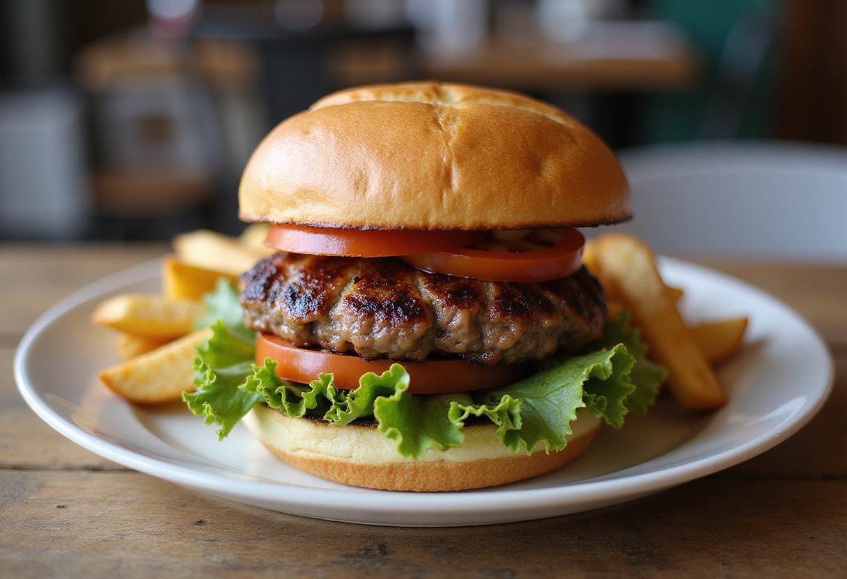 Perfectly assembled easy ground beef burger ready to enjoy, featuring juicy meat and fresh toppings on a rustic plate.