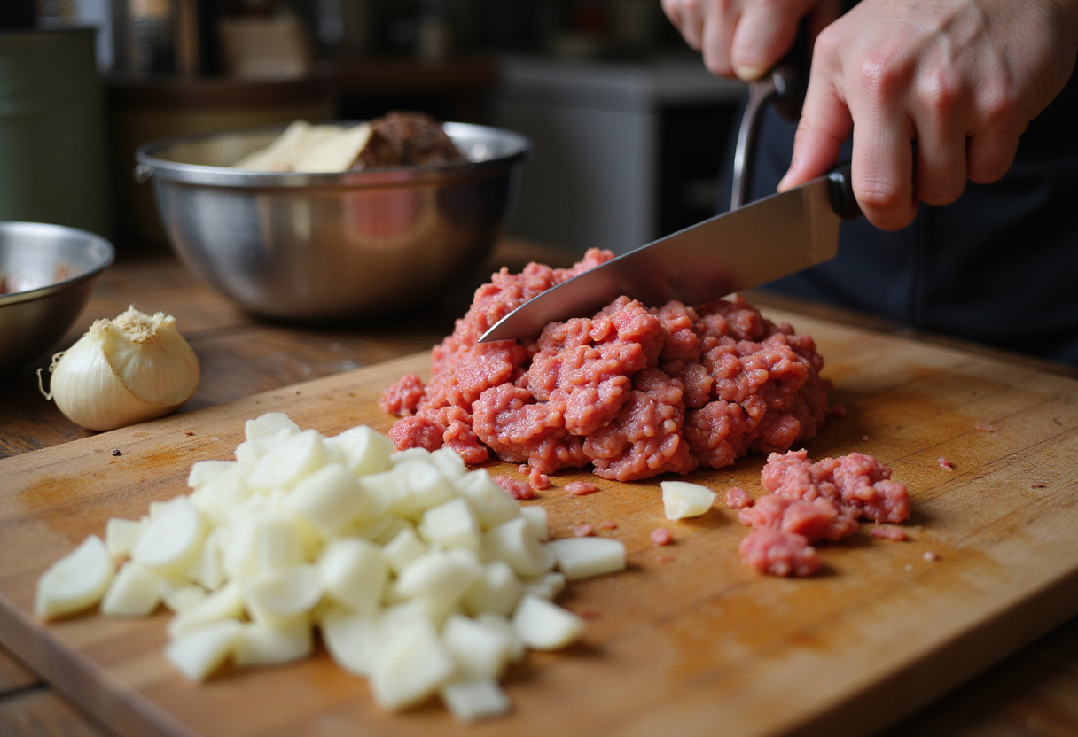 Chopping onions and garlic for an easy ground beef burger recipe, enhancing flavor with fresh ingredients.