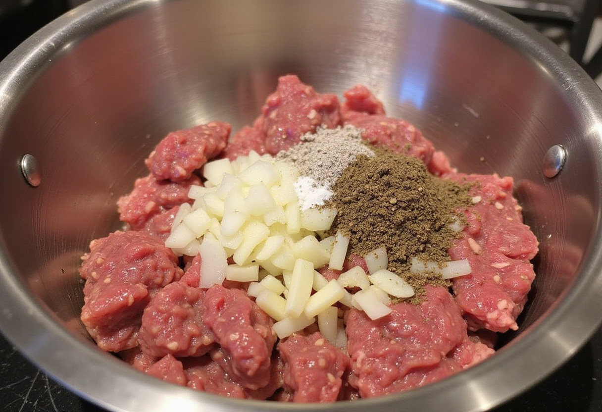 Mixing ground beef with onions and garlic for a delicious homemade burger mixture, perfect for grilling.