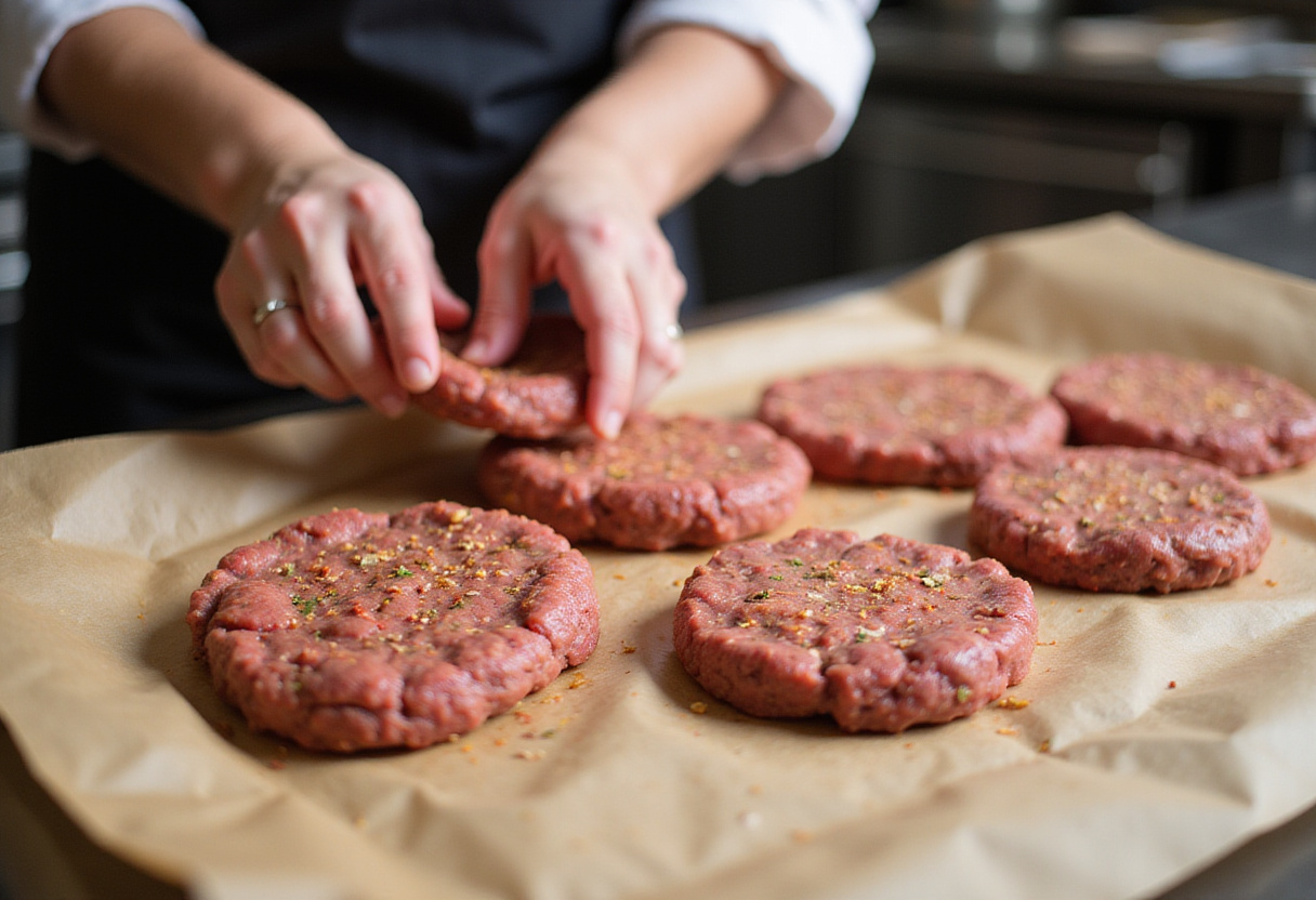 Shaping ground beef into patties for easy homemade burgers, preparing for a tasty grilling experience.