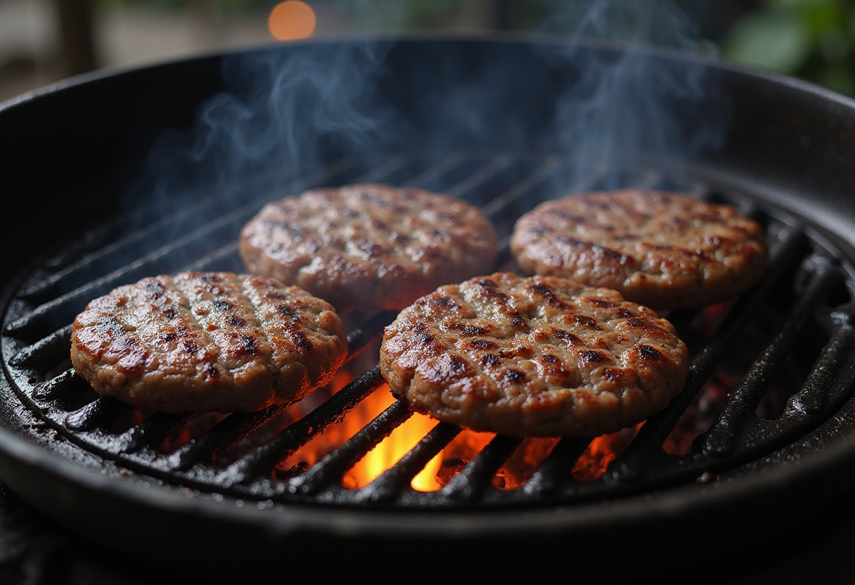 Grilling ground beef patties for easy burgers with a perfect sear, highlighting the mouthwatering cooking process.