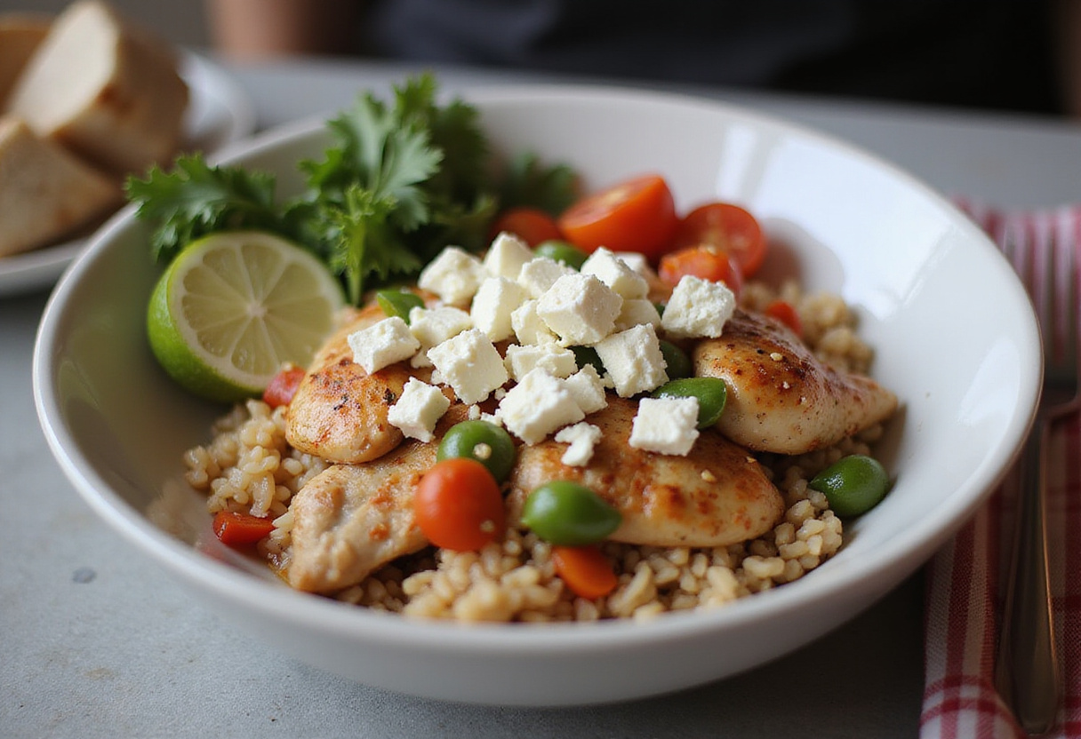 Delicious and healthy Greek chicken bowl served with vibrant colors, perfect for meal prep.