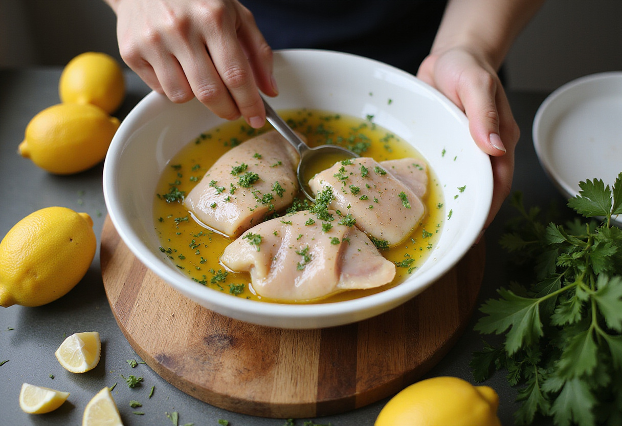 Healthy Greek chicken bowl preparation includes marinating chicken with olive oil and spices.
