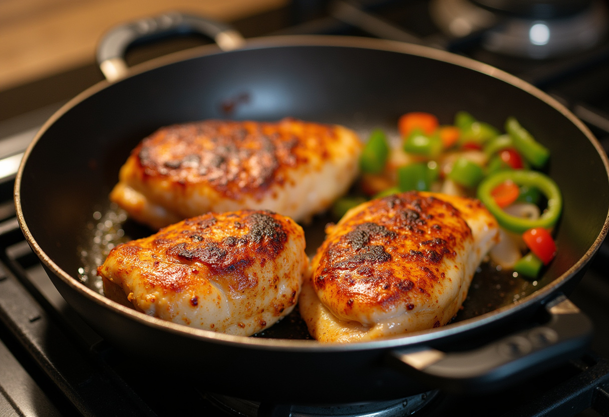 Cooking juicy Greek chicken in a skillet for a delicious healthy bowl.