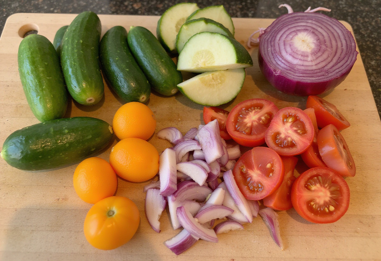 Preparing vibrant vegetables for the healthy Greek chicken bowl, focusing on fresh ingredients.