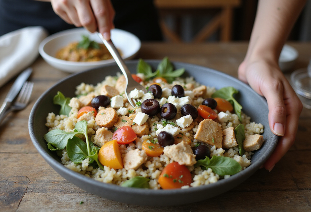 Assembling the easy healthy Greek chicken bowl with rice, chicken, and fresh veggies.
