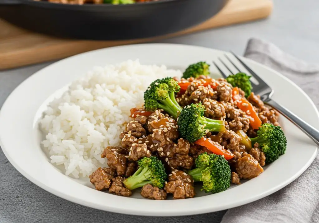 Delicious Easy Honey Garlic Ground Beef and Broccoli, plated with rice and sesame garnish, perfect for a quick and satisfying dinner.