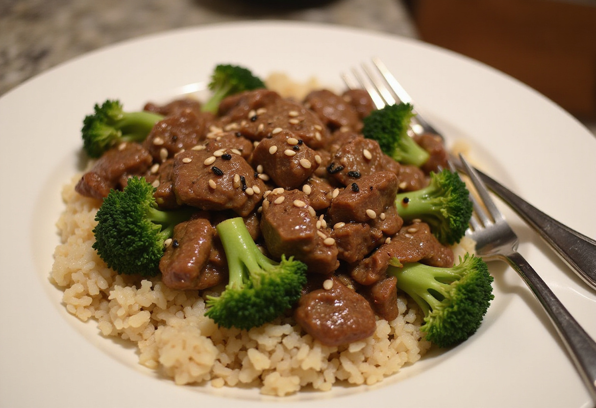 Delicious Easy Honey Garlic Ground Beef and Broccoli, plated with rice and sesame garnish, perfect for a quick and satisfying dinner.