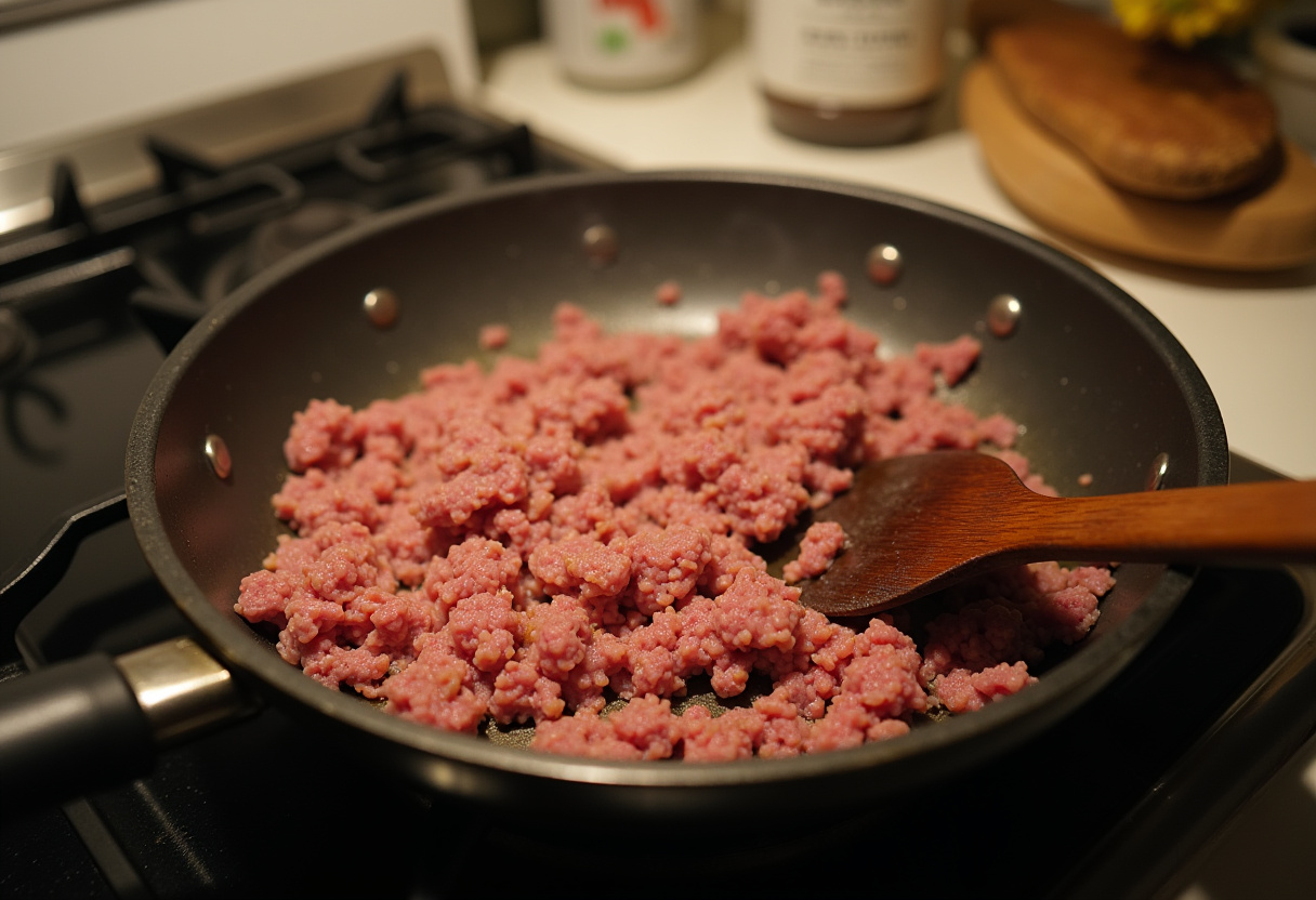 Easy Honey Garlic Ground Beef and Broccoli recipe step showing ground beef browning in a skillet, perfect for a quick weeknight meal.