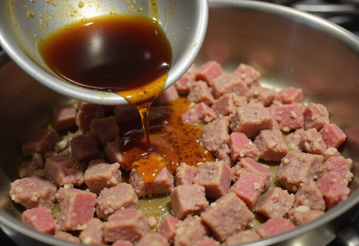 Easy Honey Garlic Ground Beef and Broccoli recipe step where honey garlic sauce is added to the ground beef for rich flavor enhancement.