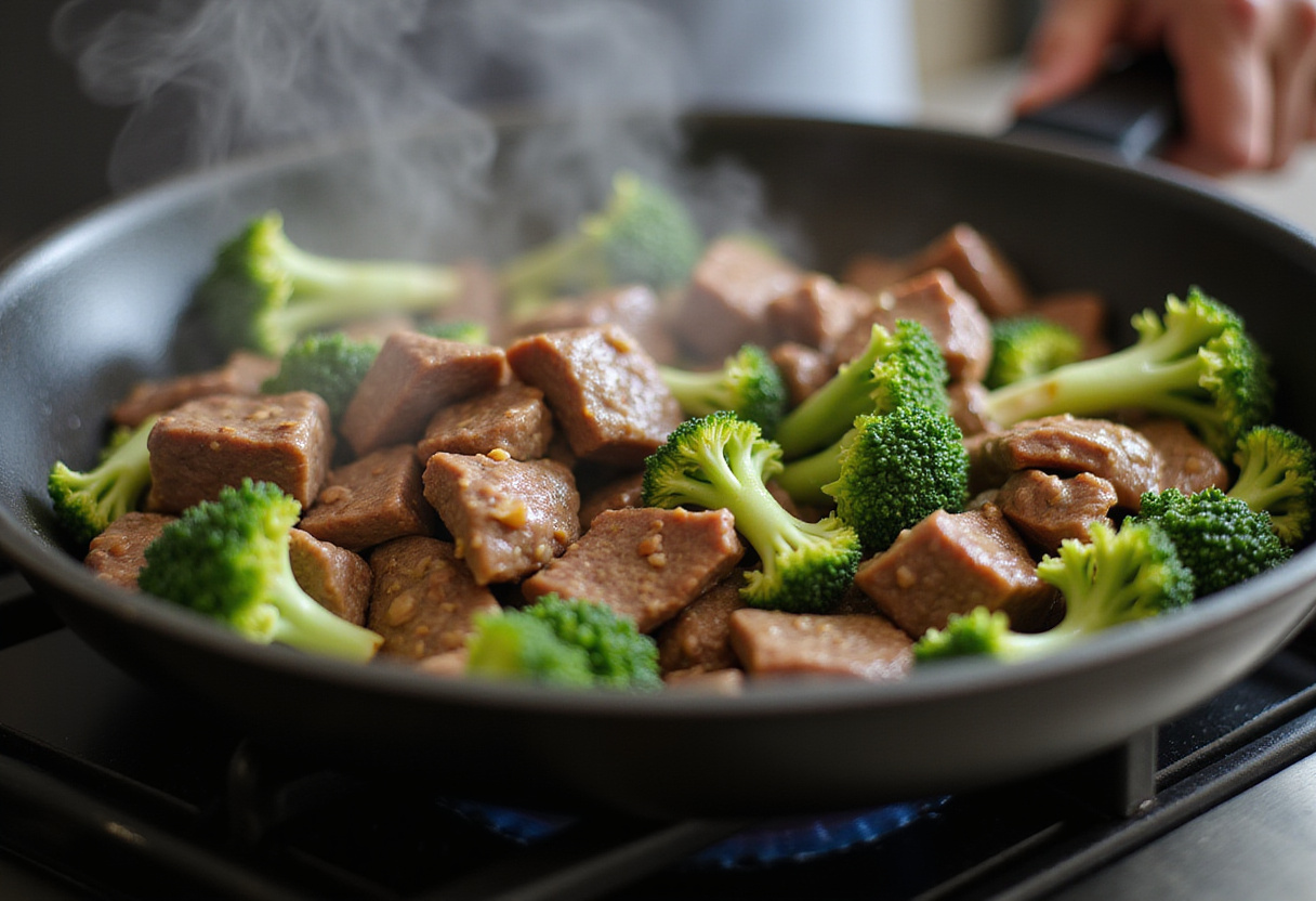 Easy Honey Garlic Ground Beef and Broccoli recipe step showing the beef and broccoli stirred together for a vibrant, savory dish.