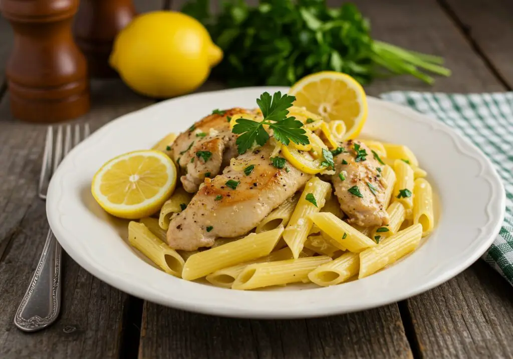 Final presentation of Easy Lemon Chicken Pasta Recipe, highlighting fresh ingredients and vibrant flavors on a rustic table.