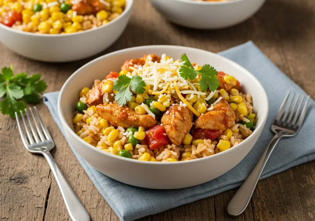 Final presentation of Easy Mexican Street Corn Chicken Bowl, featuring colorful and fresh ingredients in a deliciously arranged dish.