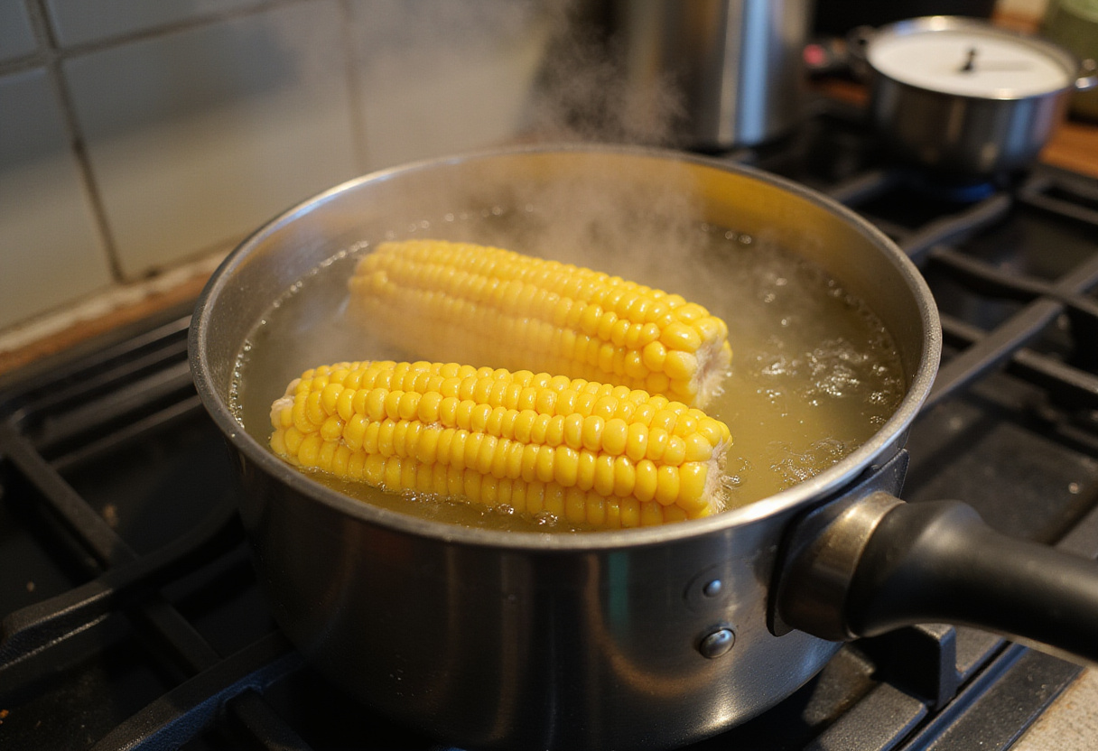Boiling corn on the cob for Easy Mexican Street Corn Chicken Bowl, emphasizing fresh ingredients and vibrant kitchen atmosphere.