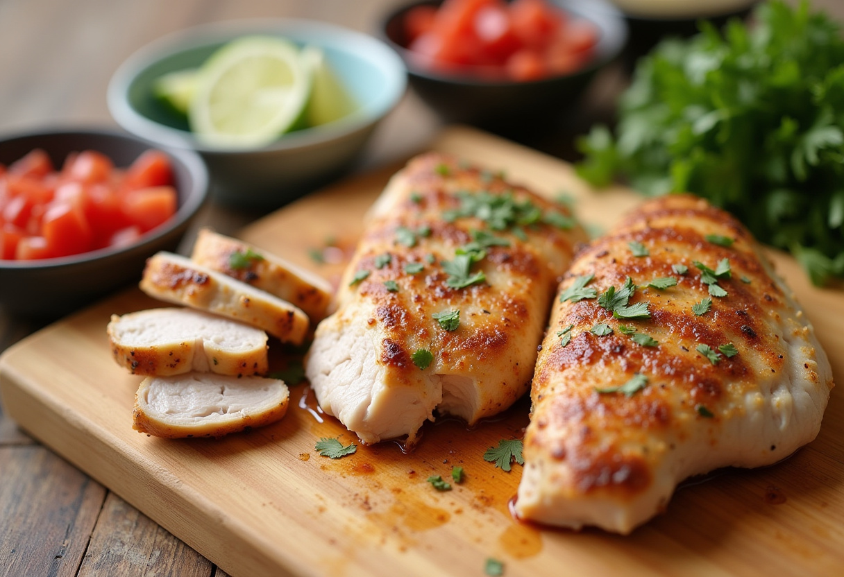 Slicing grilled chicken for Easy Mexican Street Corn Chicken Bowl, showcasing fresh ingredients like tomatoes, cilantro, and limes.