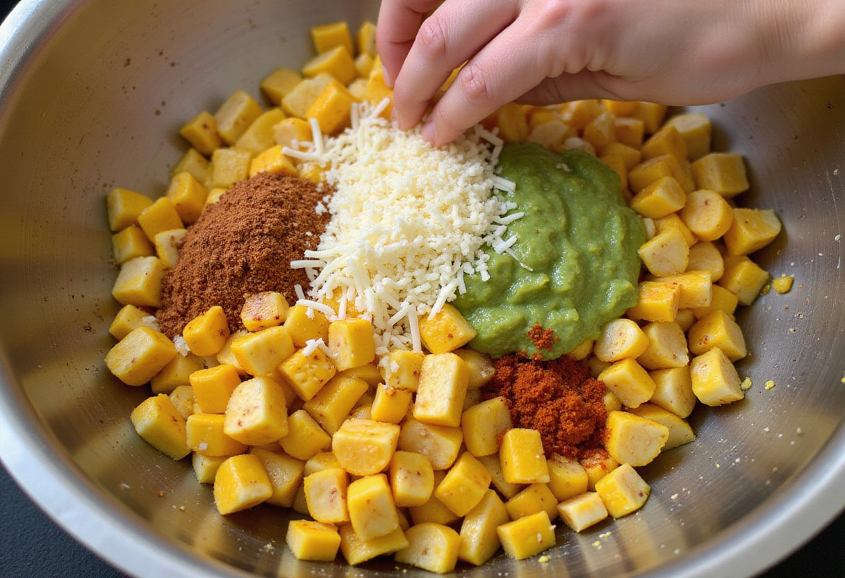 Mixing ingredients for Easy Mexican Street Corn Chicken Bowl, capturing the vibrant colors of cheese, corn, and spices.