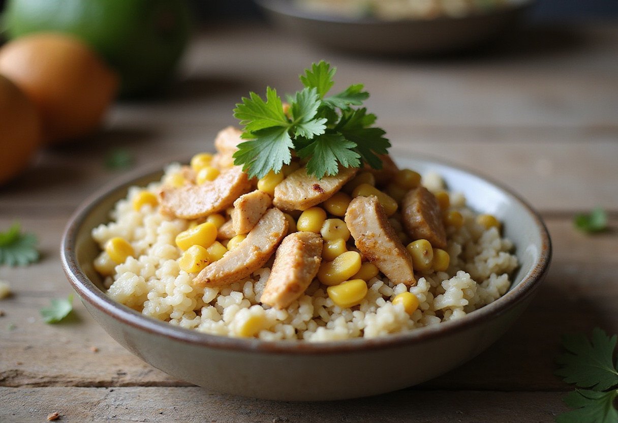 Assembling Easy Mexican Street Corn Chicken Bowl with rice, mixed corn salad, and grilled chicken, highlighting a beautiful food presentation.