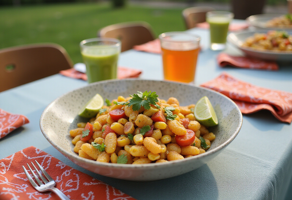 Final presentation of Easy Mexican Street Corn Pasta Salad at a picnic, showcasing vibrant colors and inviting textures.