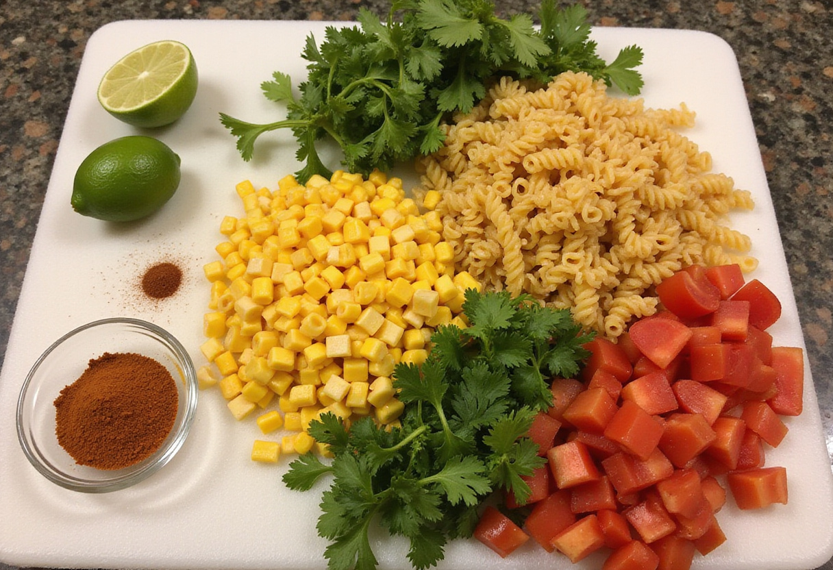 Easy Mexican Street Corn Pasta Salad ingredients including pasta, sweet corn, tomatoes, and spices on a kitchen counter.