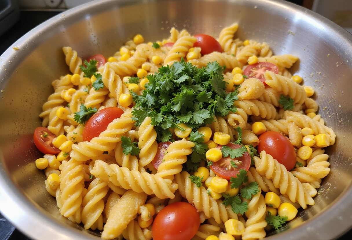 Mixing the ingredients of Easy Mexican Street Corn Pasta Salad in a bowl with lime dressing for flavor.