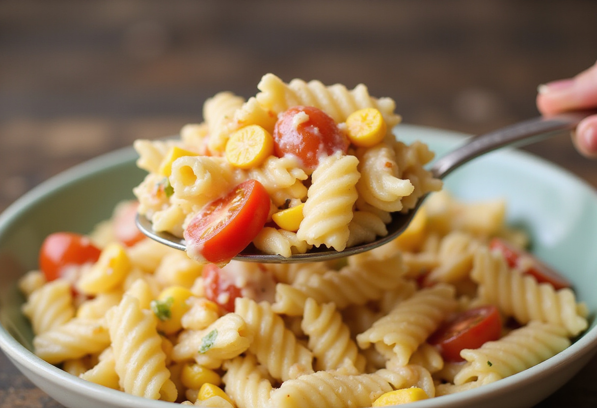 Spoon scooping Easy Mexican Street Corn Pasta Salad showcasing the creamy texture and colorful ingredients in a bowl.