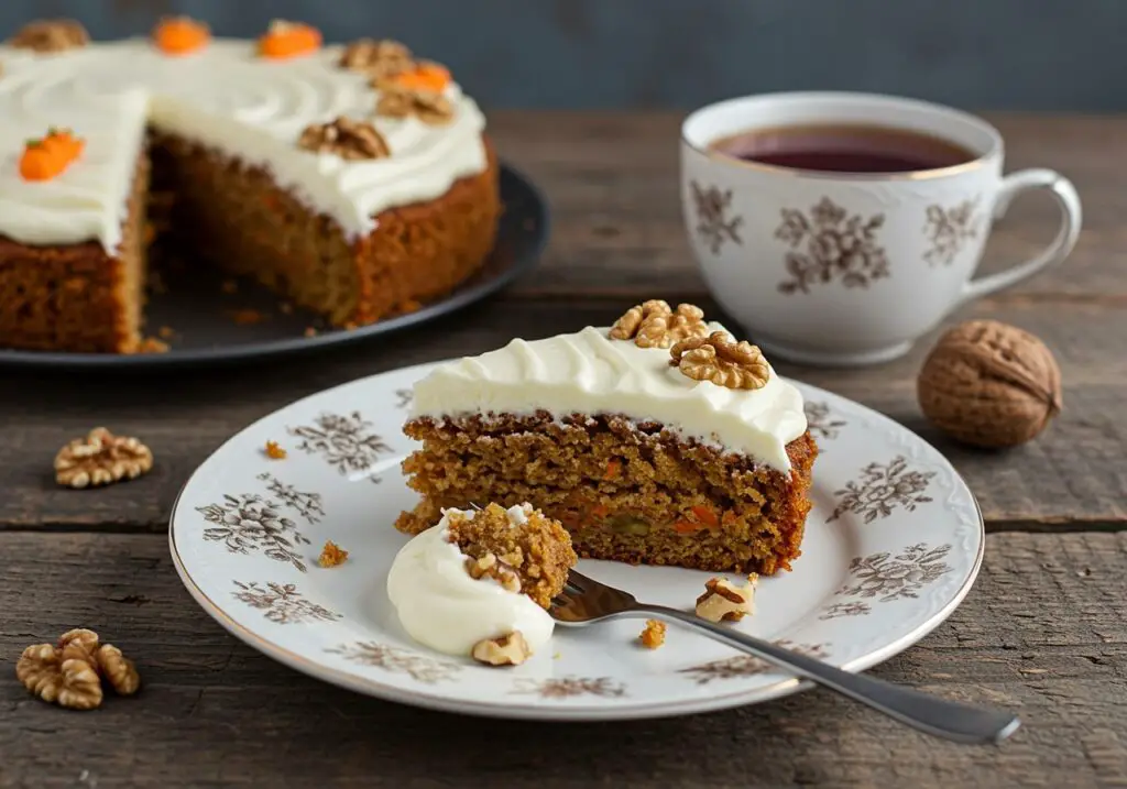 A delicious slice of easy oatmeal carrot cake showcasing its moist texture and cream cheese frosting, elegantly presented on a wooden table next to a steaming cup of tea.