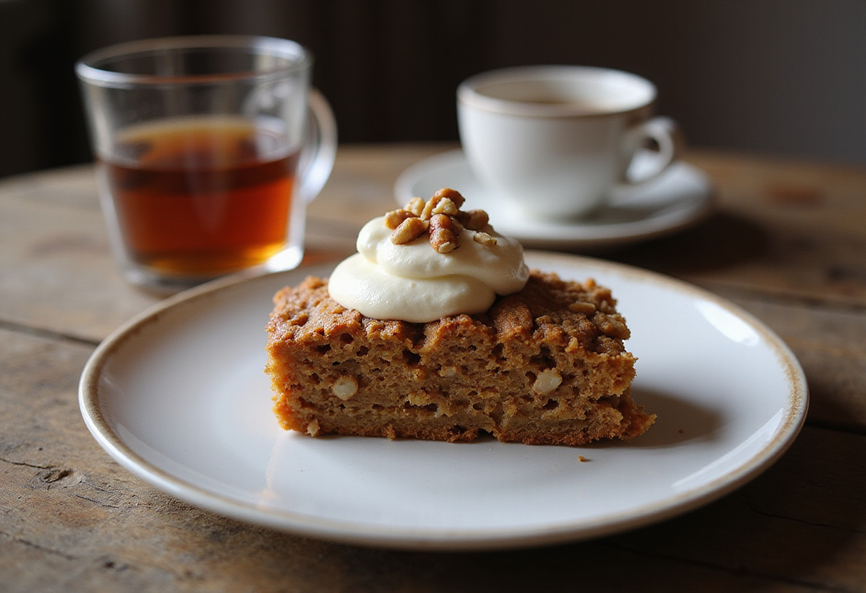 A delicious slice of easy oatmeal carrot cake showcasing its moist texture and cream cheese frosting, elegantly presented on a wooden table next to a steaming cup of tea.