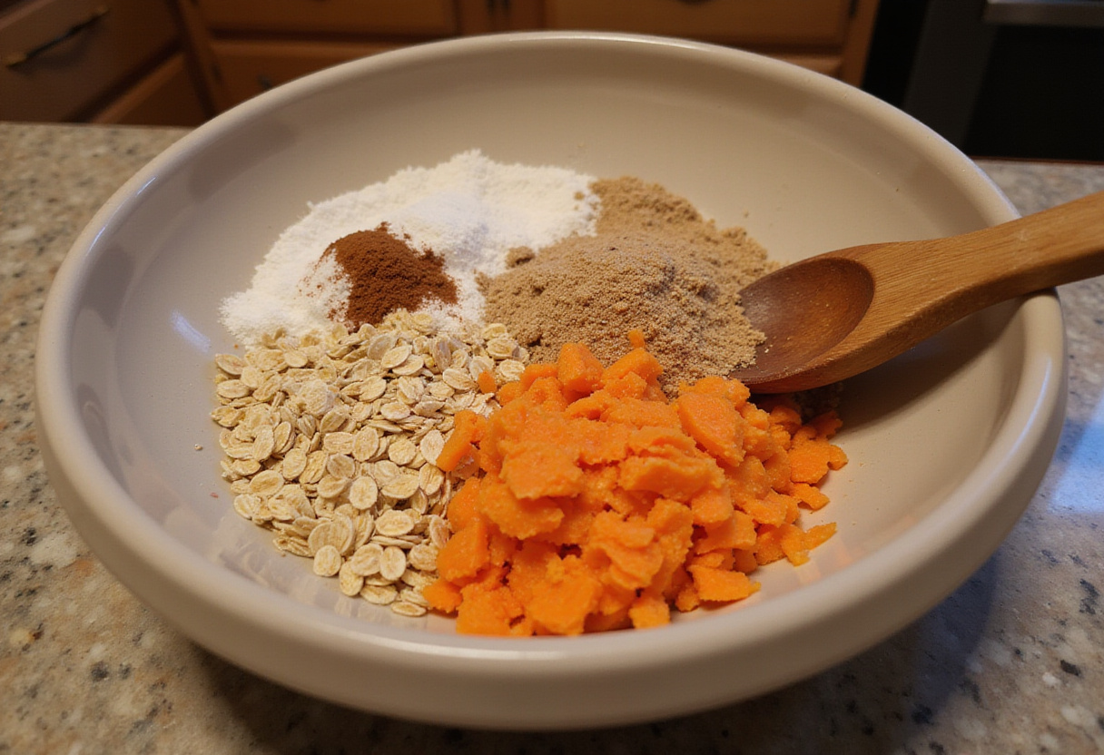 A wholesome mix of oats and grated carrots for an easy oatmeal carrot cake, featuring rolled oats and a blend of baking ingredients in a cozy kitchen setting.
