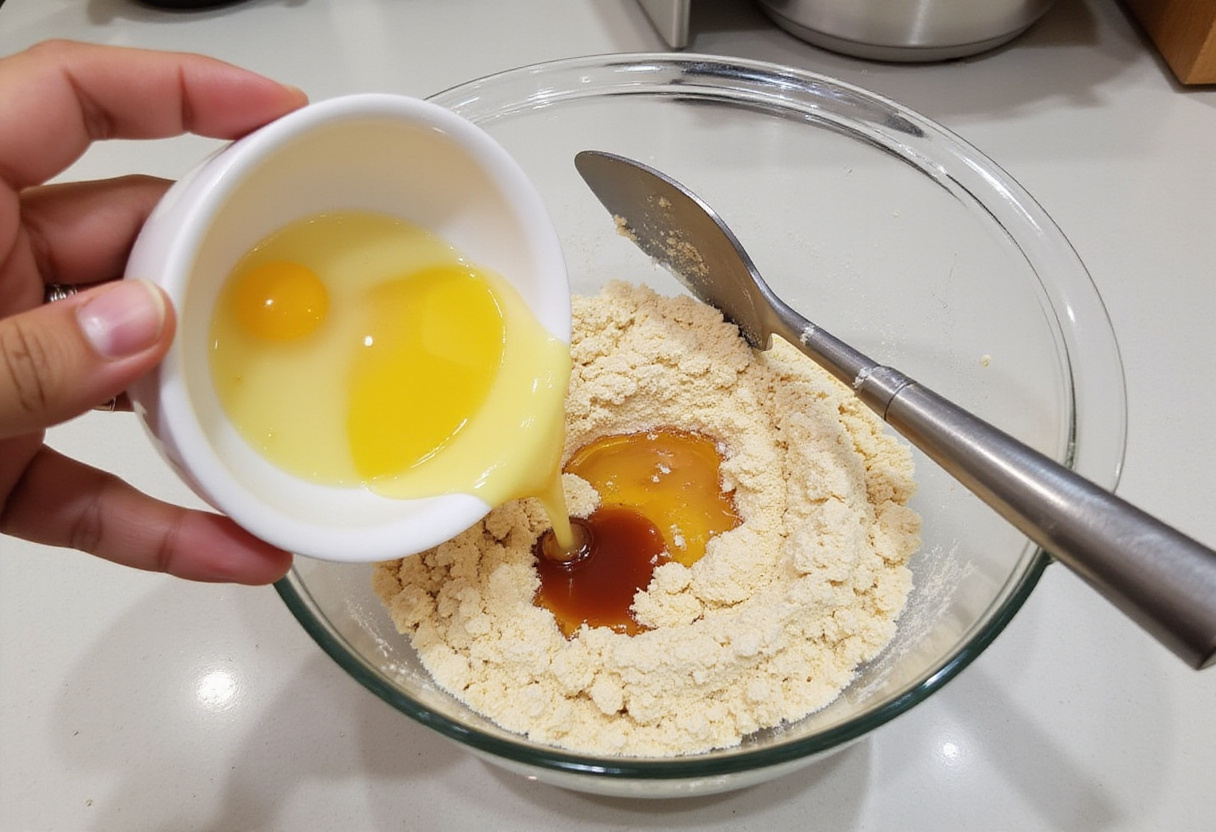 Combining wet ingredients for the easy oatmeal carrot cake, showcasing a vibrant mix of eggs, oil, and vanilla poured over a bowl of oats and carrots in a tidy kitchen.